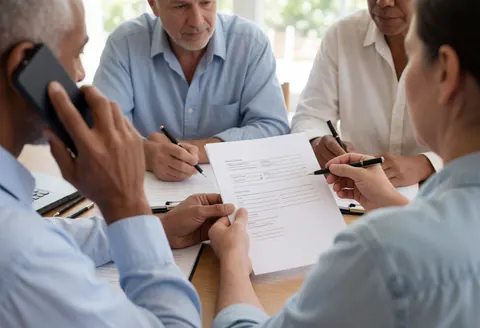 Group of professionals gathered around a wooden table reviewing documents, signing papers, and discussing while one person speaks on a mobile phone in a bright office setting