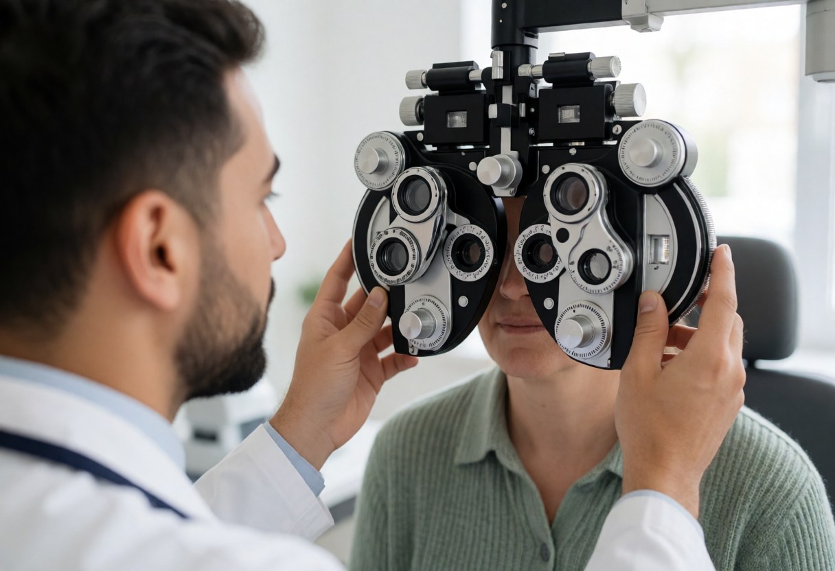 Optometrist adjusting a phoropter in front of a patient during a vision exam in a modern clinic with bright lighting and a soft background.