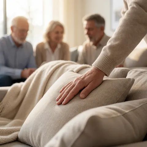 Close-up of an adult hand touching a neutral sofa cushion, with a blanket and other pillows in a cozy, warmly lit living room setting.