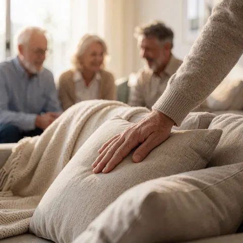 Close-up of an adult hand touching a neutral sofa cushion, with a blanket and other pillows in a cozy, warmly lit living room setting.