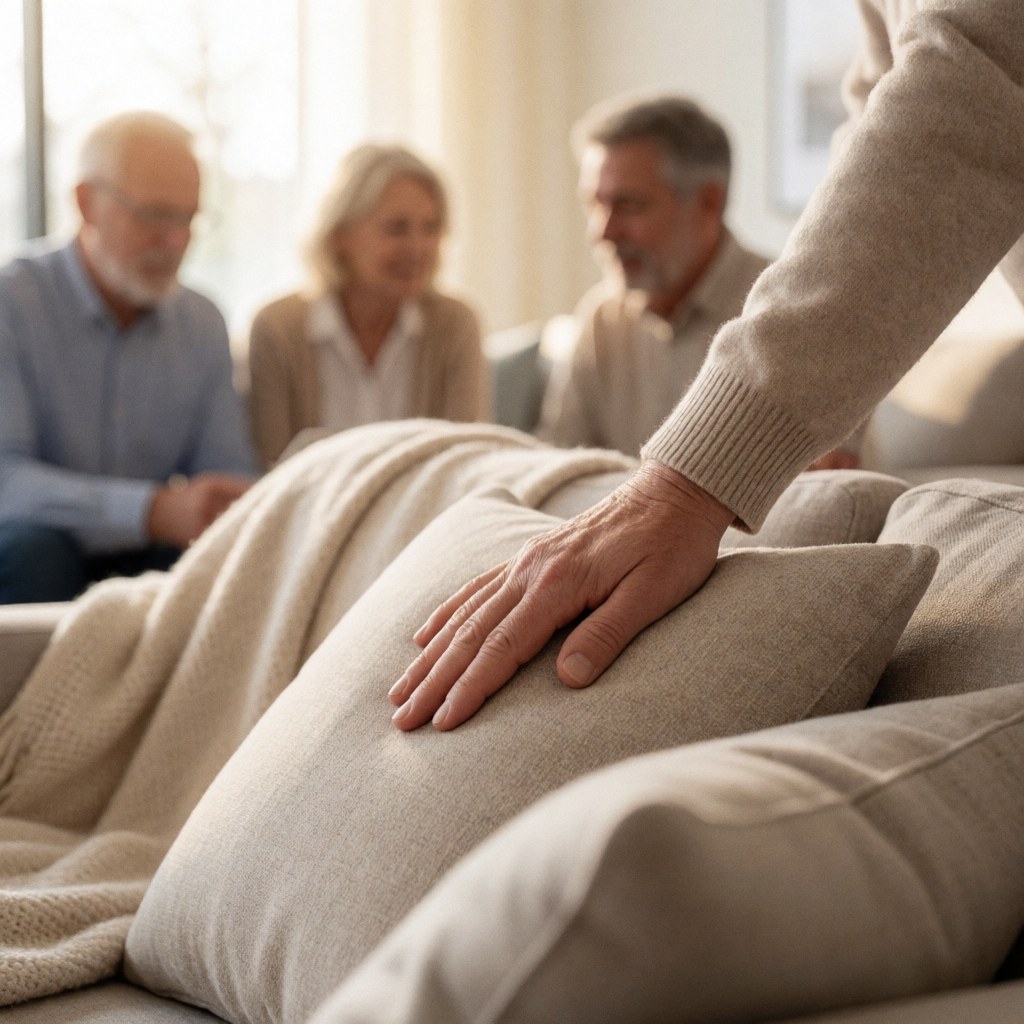 Close-up of an adult hand touching a neutral sofa cushion, with a blanket and other pillows in a cozy, warmly lit living room setting.