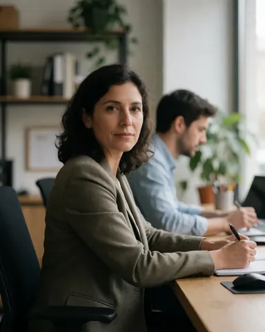 Professional woman in a blazer sitting at a wooden desk in a bright modern office, focused on her computer work with natural light coming through the window