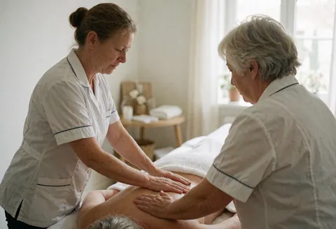 Two therapists in white uniforms perform a back massage on a client in a naturally lit spa room.
