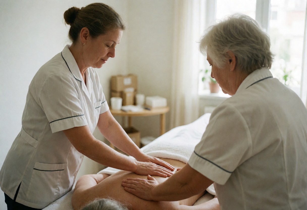 Two therapists in white uniforms perform a back massage on a client in a naturally lit spa room.
