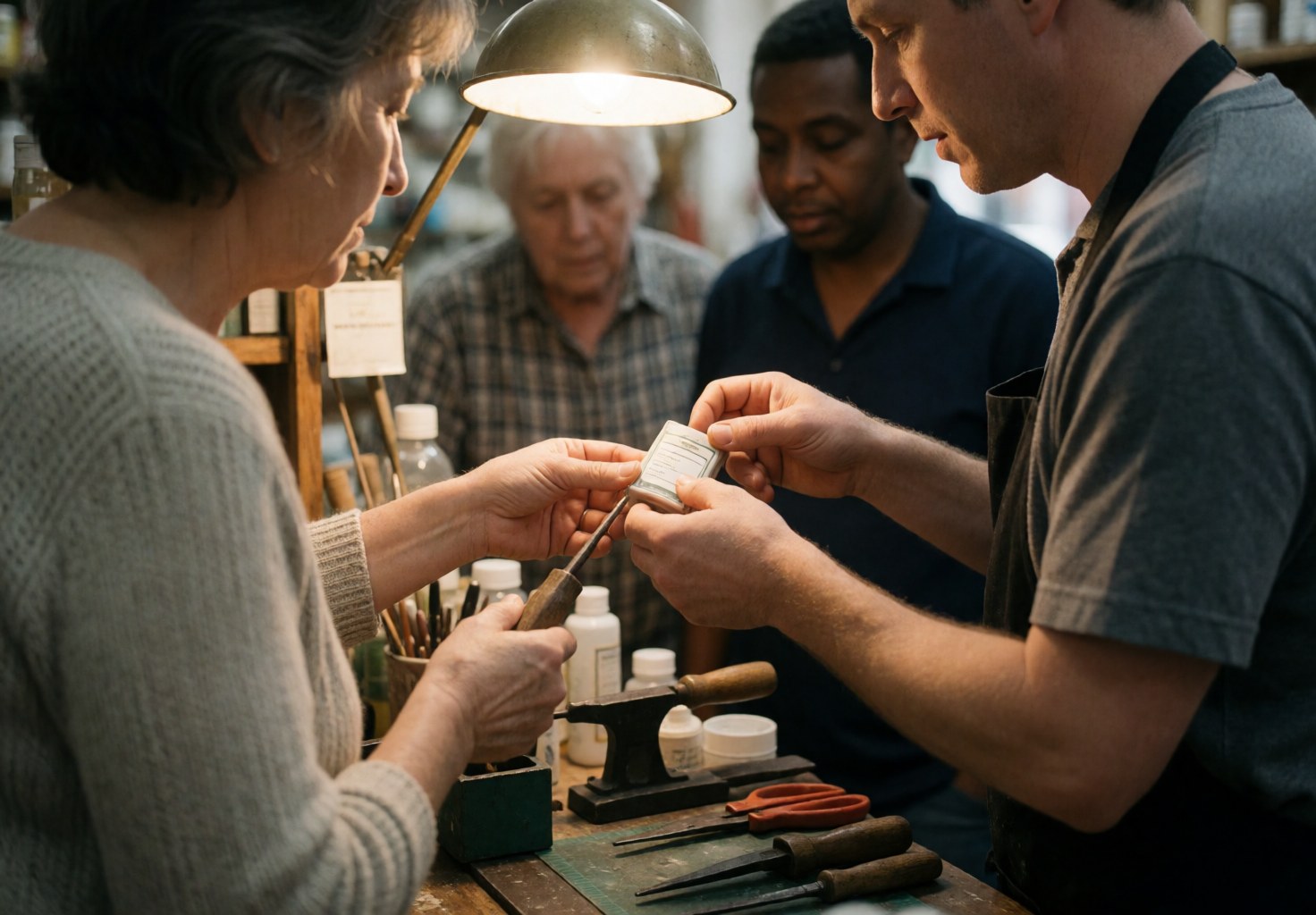 A jeweler and a customer closely examine a piece of jewelry in a workshop with tools and other clients visible in the background