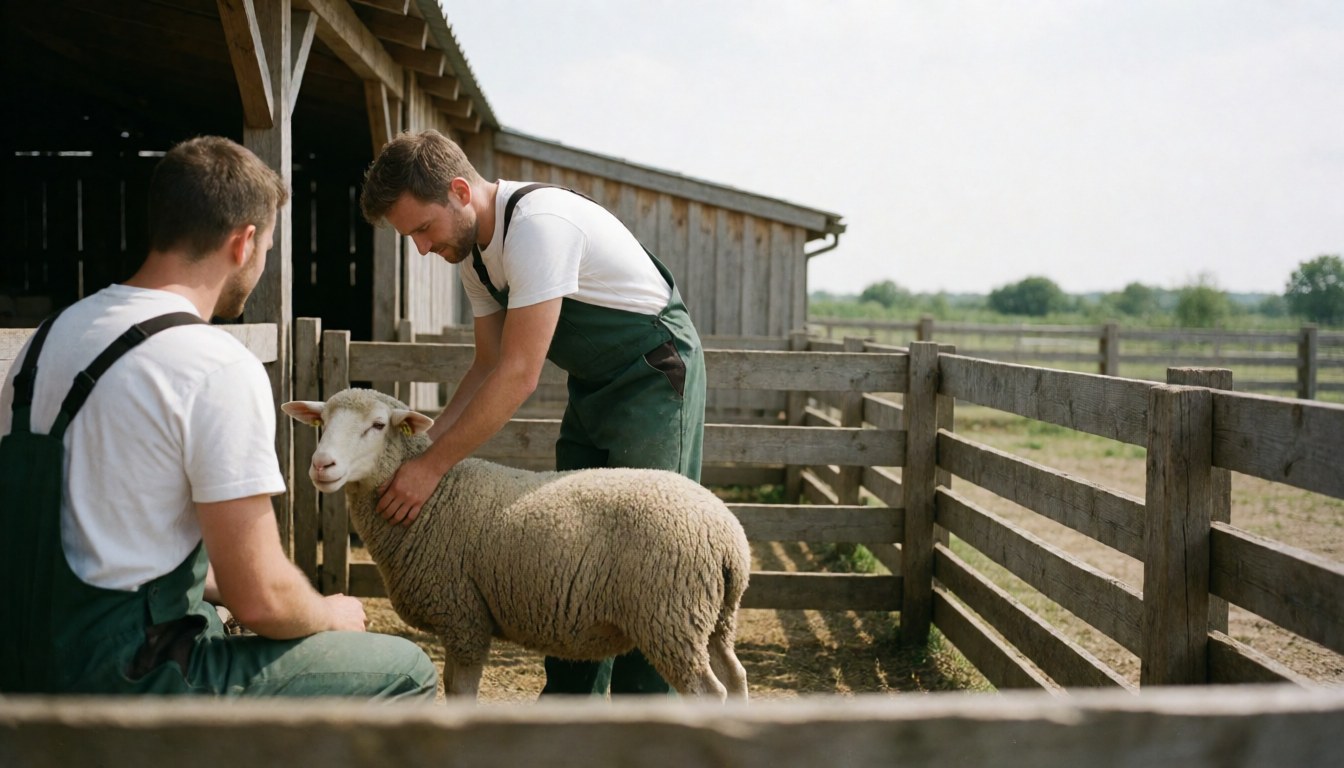 A veterinarian in a field examining a sheep with a wooden fence and green foliage in the background under natural daylight
