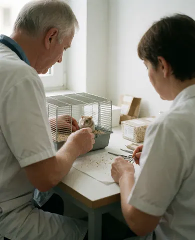A veterinarian and assistant attend to a hamster in a cage on a white table in a clean veterinary clinic.