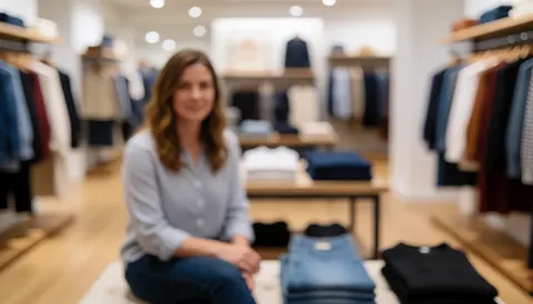 A smiling woman sits on the floor of a clothing store surrounded by garments on shelves and tables in a warm, inviting atmosphere.