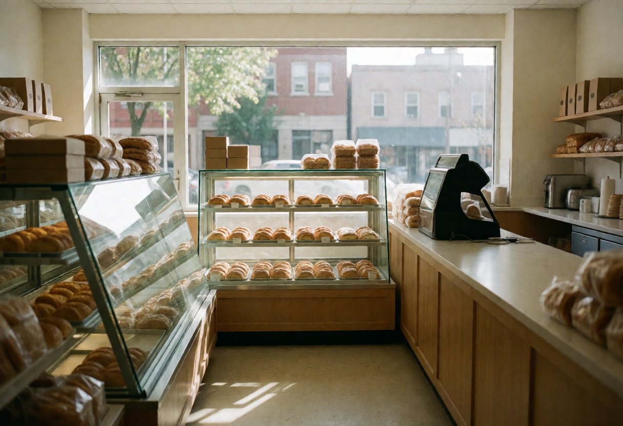 Clean empty bakery interior featuring a glass pastry display case with fresh products and a tidy counter for small business websites