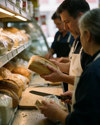 A happy customer carefully examining a loaf of fresh bread while shopping in a well-lit grocery store aisle