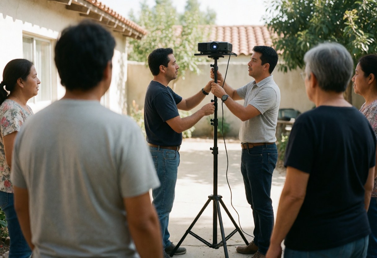 A man and woman work together to set up a projector on a tripod in a sunny outdoor courtyard for a client presentation.