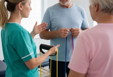 A physiotherapist demonstrates an exercise using elastic resistance bands to a patient in a treatment room while another person watches from the background.