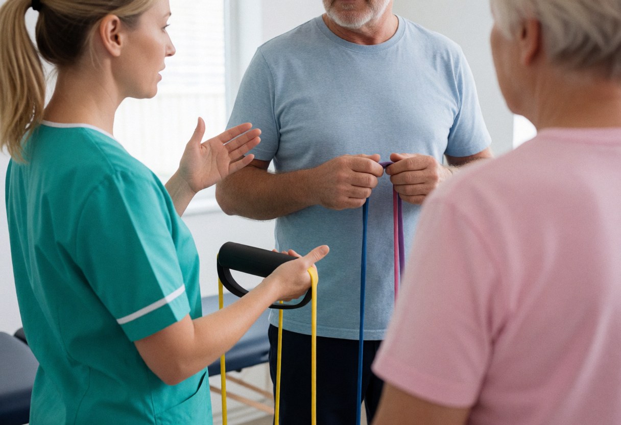 A physiotherapist demonstrates an exercise using elastic resistance bands to a patient in a treatment room while another person watches from the background.