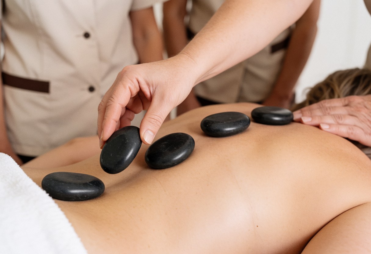 A therapist uses smooth hot basalt stones to perform a relaxing massage on a client's back during a spa treatment session