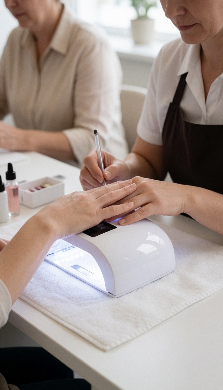 Professional nail technician curing a client's gel nails under a UV lamp on a clean table with manicure tools nearby