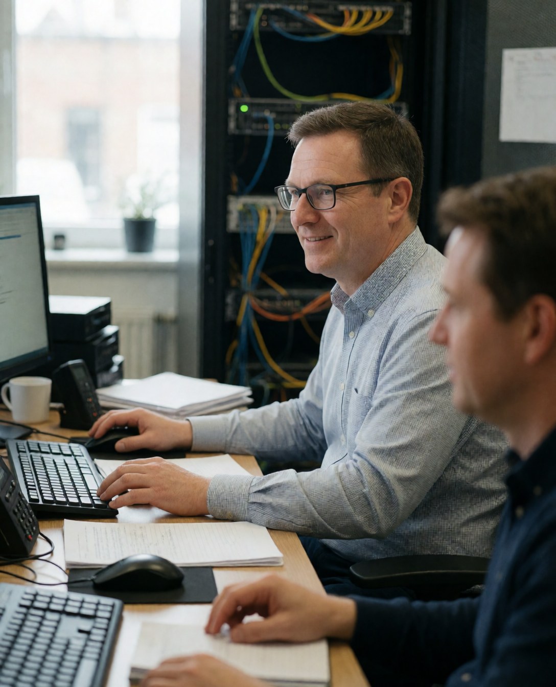 Smiling male IT professional wearing glasses works on computer with servers and cables in background office with natural light