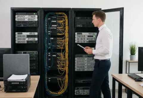 A business administrator inspects server racks and network cables in a technology office with desks and equipment around.