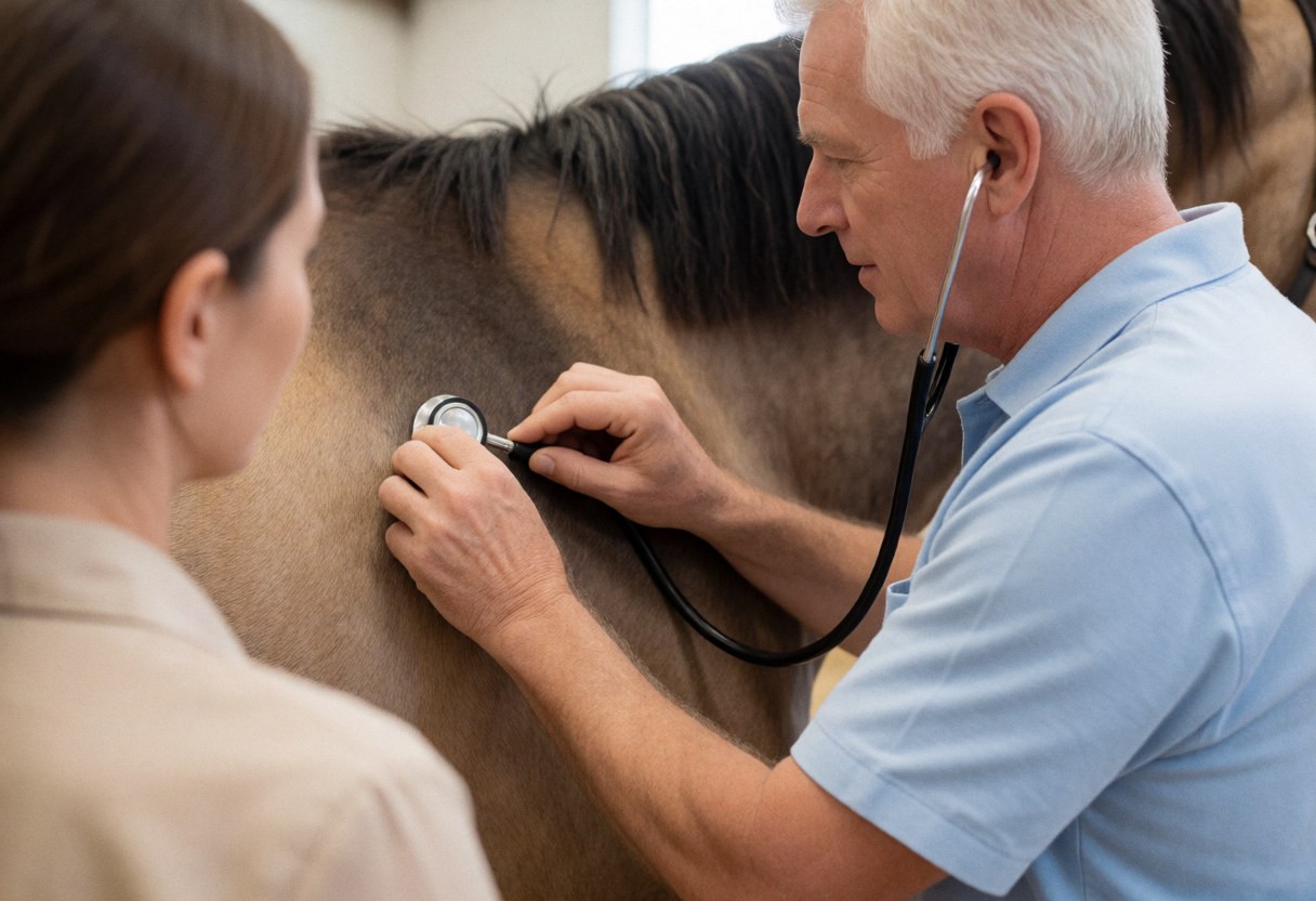 A veterinarian uses a stethoscope to check a horse's heart in a stable, showing professional animal care in a clean environment.