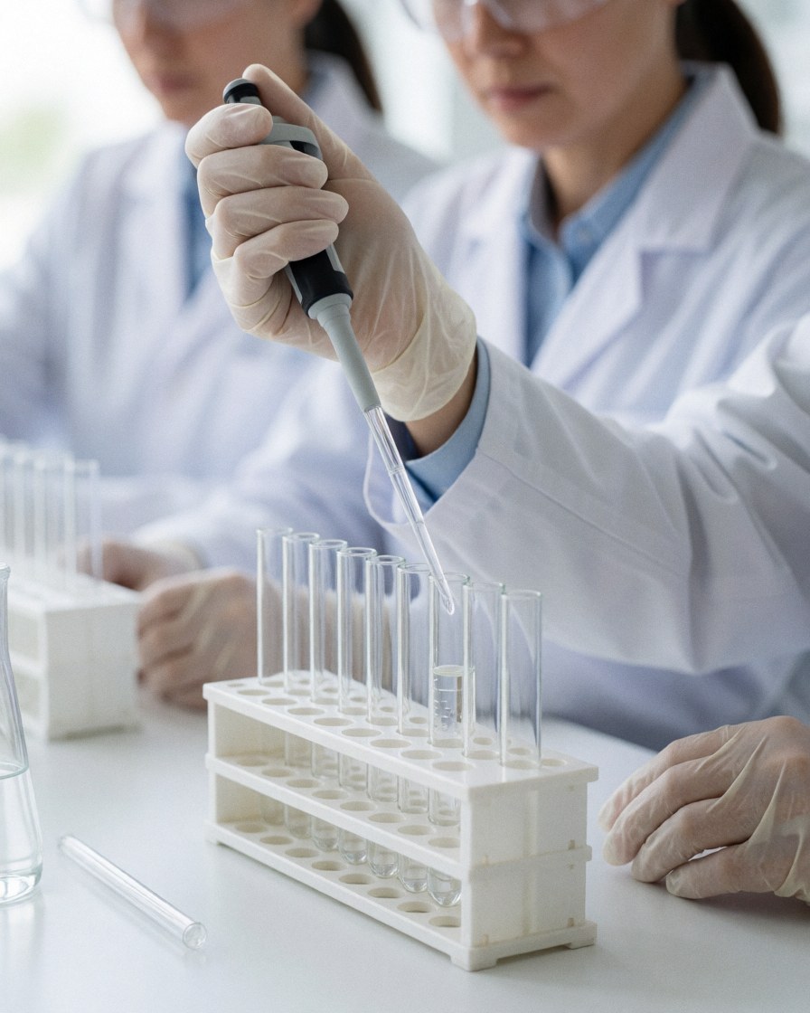 A scientist wearing gloves and a lab coat carefully adds liquid to test tubes in a rack within a clean, well-lit medical laboratory setting.