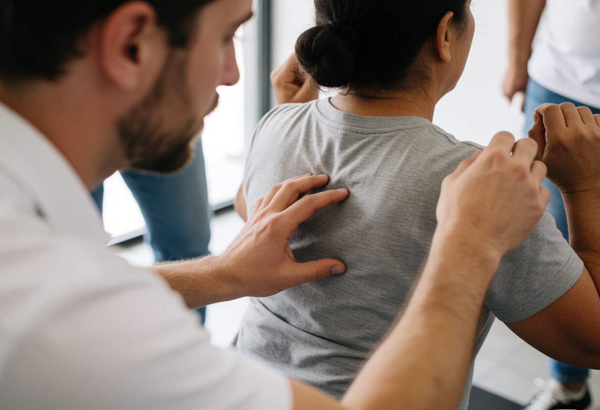 A fitness coach stands behind a client, using his hands to adjust and correct their spinal alignment and shoulder position during a strength training session.