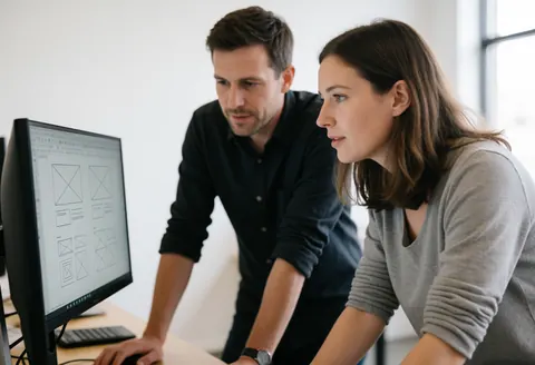 A female designer and entrepreneur review wireframes together on a computer screen in a modern studio with natural light.