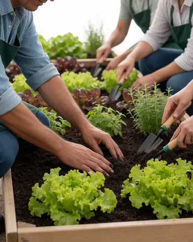 Three landscapers working together in a pot garden with lettuce and herbs, using tools and hands in the soil on a sunny day.