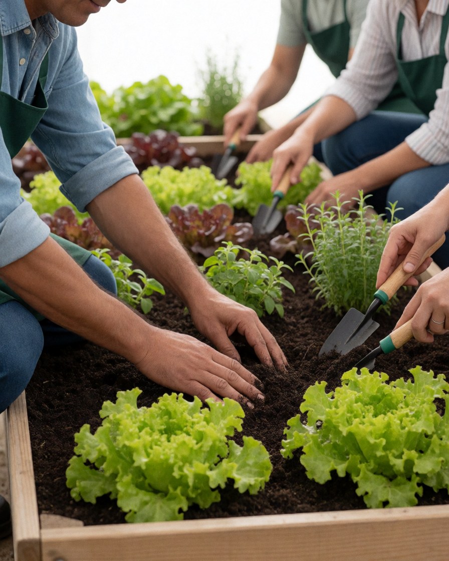 Three landscapers working together in a pot garden with lettuce and herbs, using tools and hands in the soil on a sunny day.