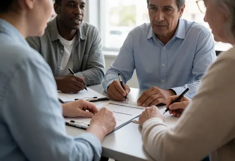 Four adults reviewing documents and discussing career planning with pen and paper in a bright, modern office setting.