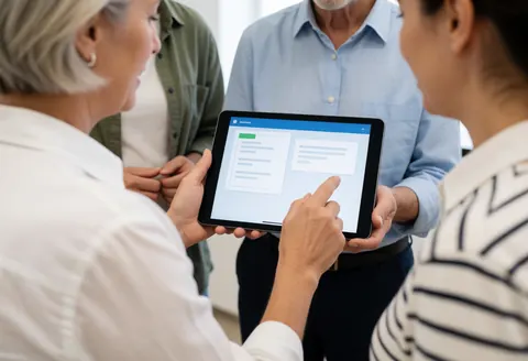 A professional providing digital guidance to a client in a modern co-working space, using a tablet for collaboration and support.