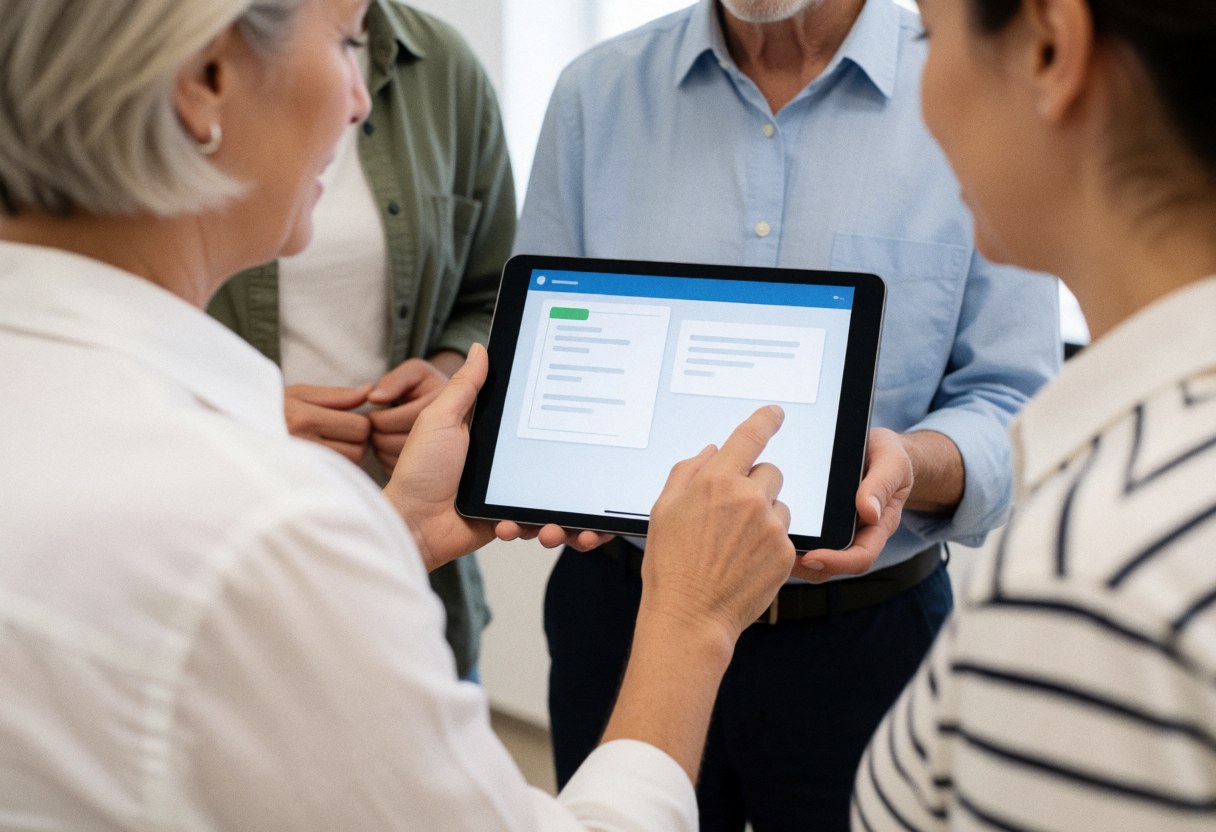 A professional providing digital guidance to a client in a modern co-working space, using a tablet for collaboration and support.