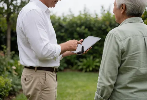 A real estate agent and an older client stand in a garden viewing a property on a tablet, seen from behind on a cloudy day with soft light and greenery.