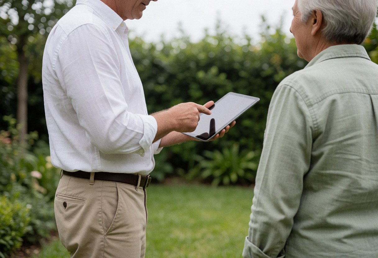 A real estate agent and an older client stand in a garden viewing a property on a tablet, seen from behind on a cloudy day with soft light and greenery.