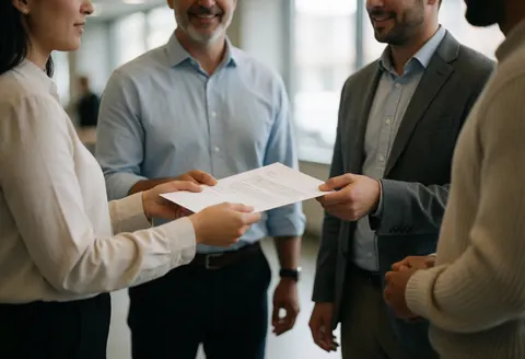 A salesperson hands a contract to a smiling client in a corporate office with a blurred background, showing a positive professional transaction.