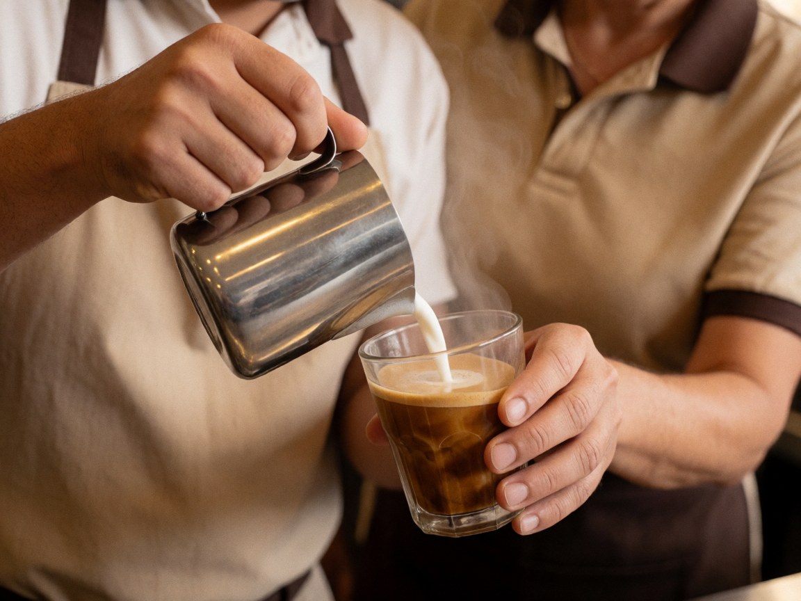 Close-up of a barista's hands pouring hot milk into a coffee cup with visible steam rising from the beverage