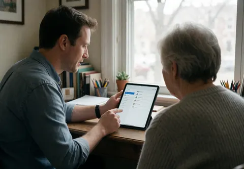 A software consultant explains an app interface on a tablet to a client in a home office with natural light and work items.