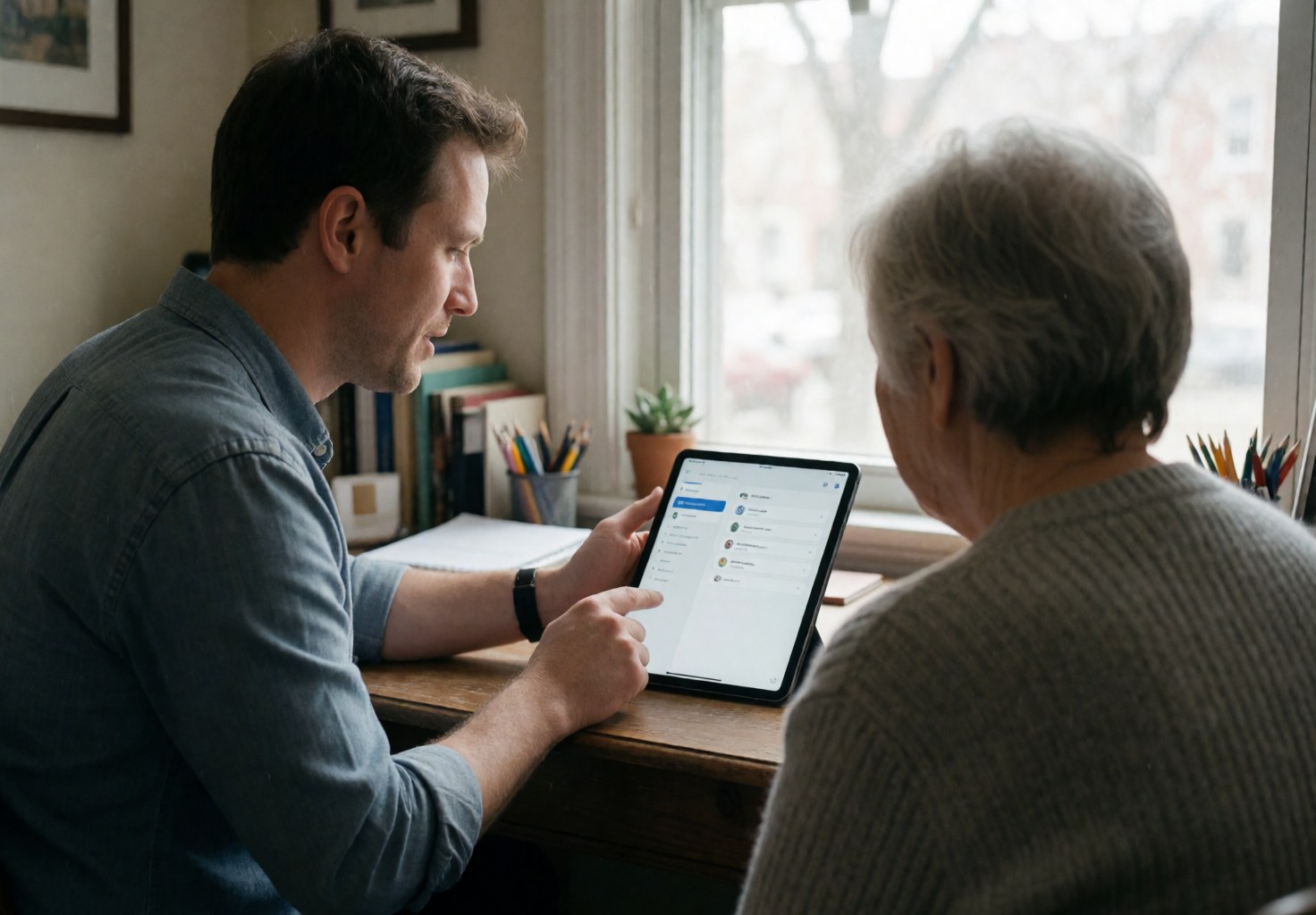A software consultant explains an app interface on a tablet to a client in a home office with natural light and work items.
