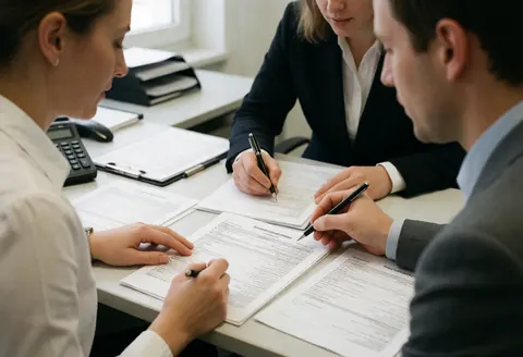 Close-up view of an accountant reviewing tax forms and documents on a desk with pencils and papers