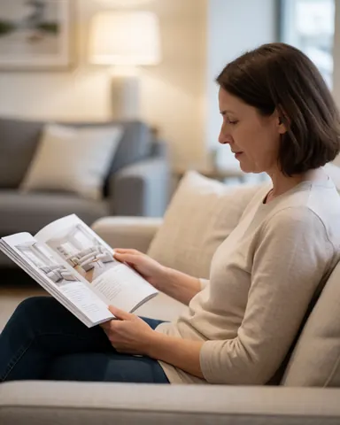 A happy customer sitting comfortably on a modern sofa in a living room while reading a furniture catalog to choose new pieces for her home