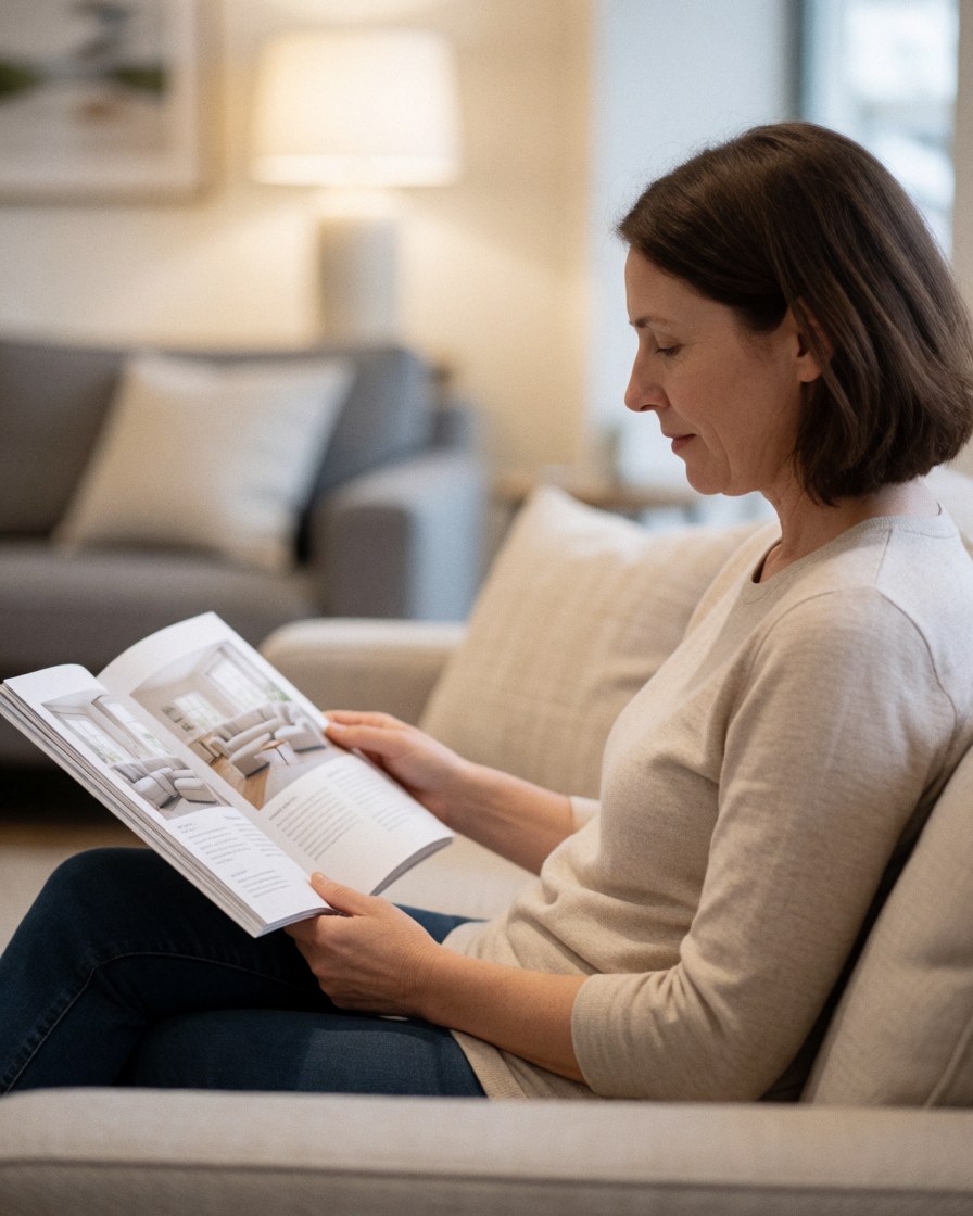 A happy customer sitting comfortably on a modern sofa in a living room while reading a furniture catalog to choose new pieces for her home