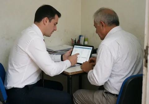 A young accountant explains financial data on a computer to an older client during a small office meeting with natural light.