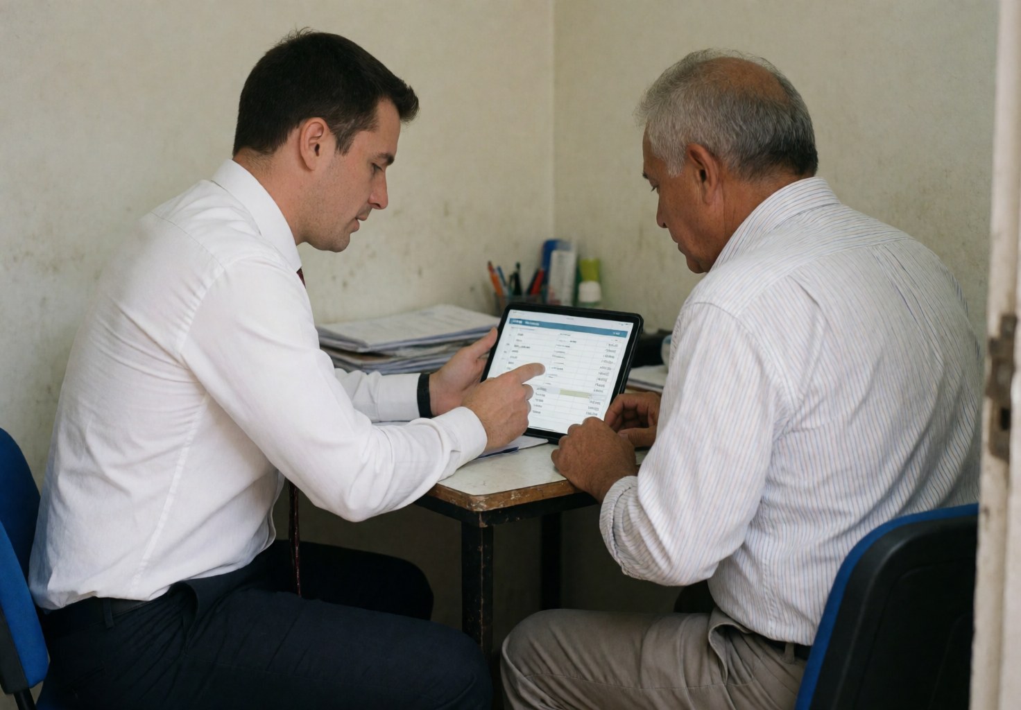 A young accountant explains financial data on a computer to an older client during a small office meeting with natural light.