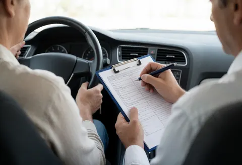 Close-up view of a driver's hands holding a steering wheel and a clipboard with forms during a driving test inside a vehicle