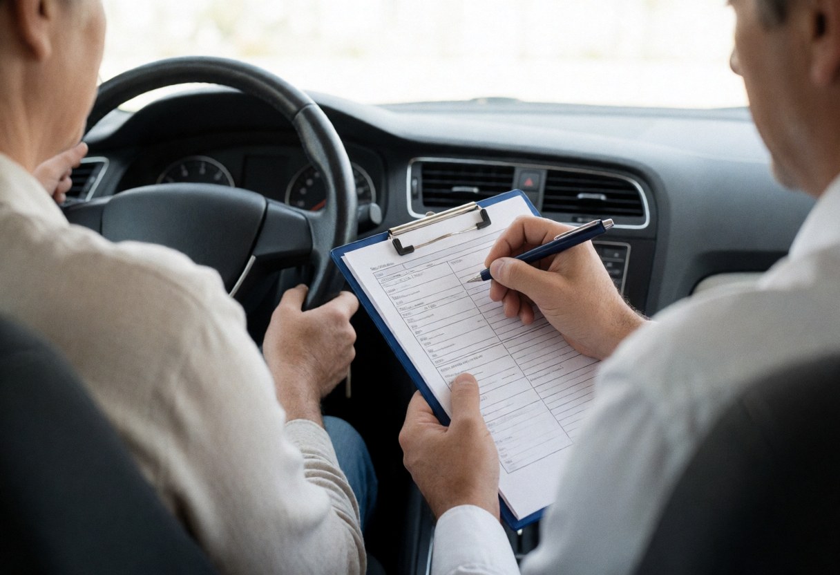 Close-up view of a driver's hands holding a steering wheel and a clipboard with forms during a driving test inside a vehicle