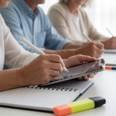 Adult hands writing with a pen on a tablet, notebook, and highlighter on a white desk during a professional online class