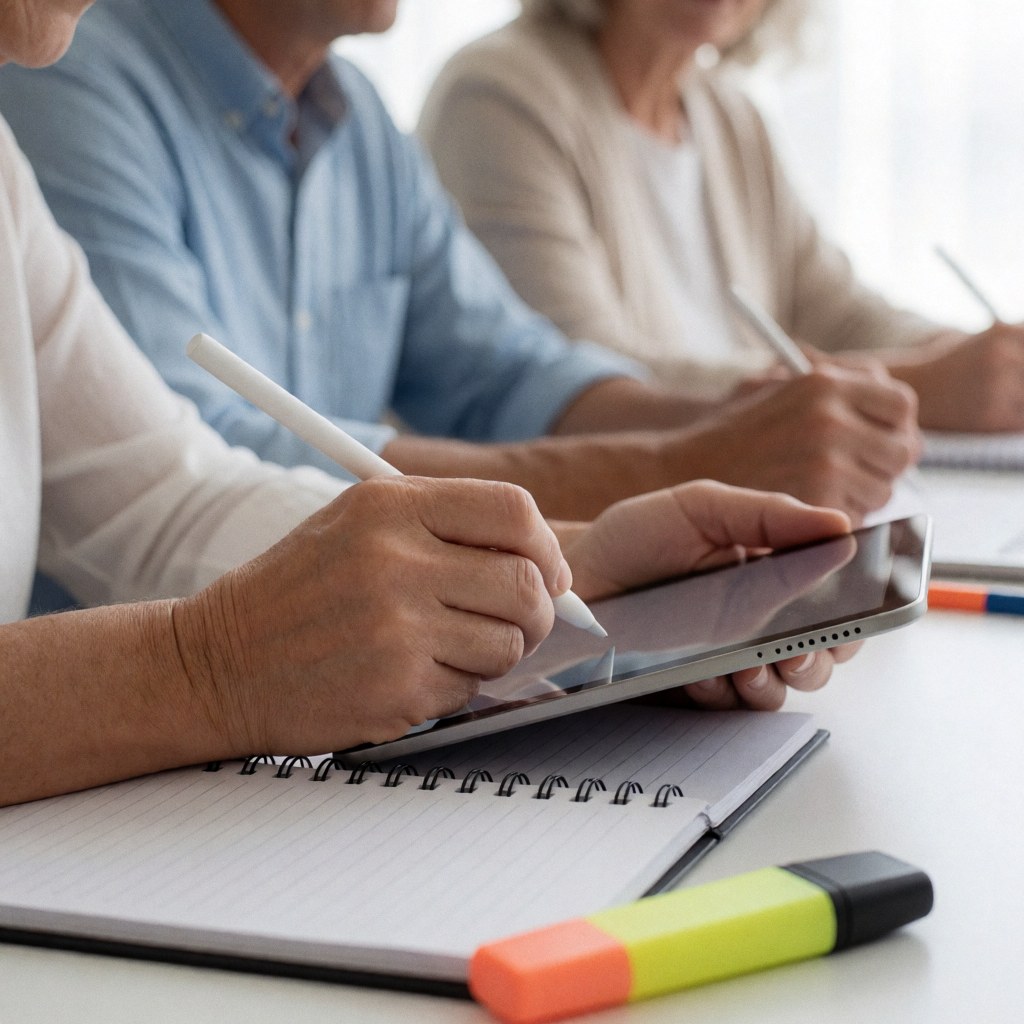 Adult hands writing with a pen on a tablet, notebook, and highlighter on a white desk during a professional online class
