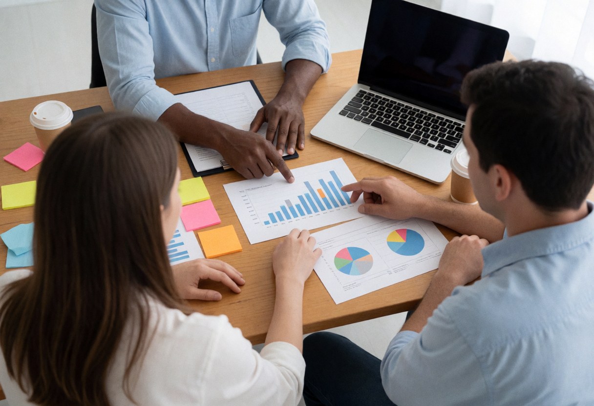 Three professionals review sales data and charts on a wooden table with a laptop, coffee, and sticky notes in a bright modern office.