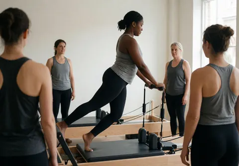 A female pilates instructor demonstrating an exercise on a reformer machine in a bright studio with natural light