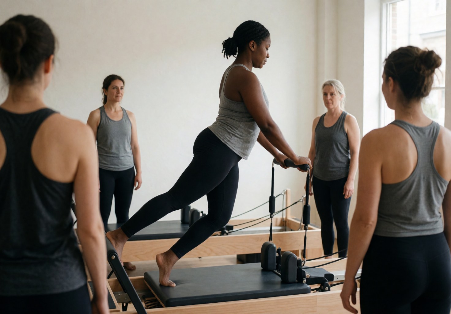 A female pilates instructor demonstrating an exercise on a reformer machine in a bright studio with natural light
