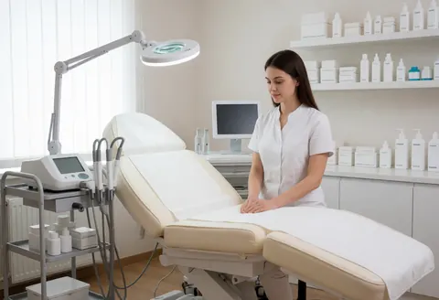 Clean white treatment bed in a modern aesthetic clinic, featuring a product shelf, magnifying light, and a professional preparing the space.
