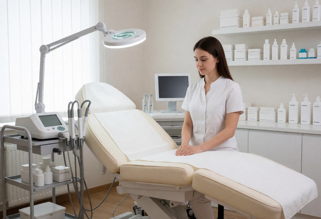 Clean white treatment bed in a modern aesthetic clinic, featuring a product shelf, magnifying light, and a professional preparing the space.